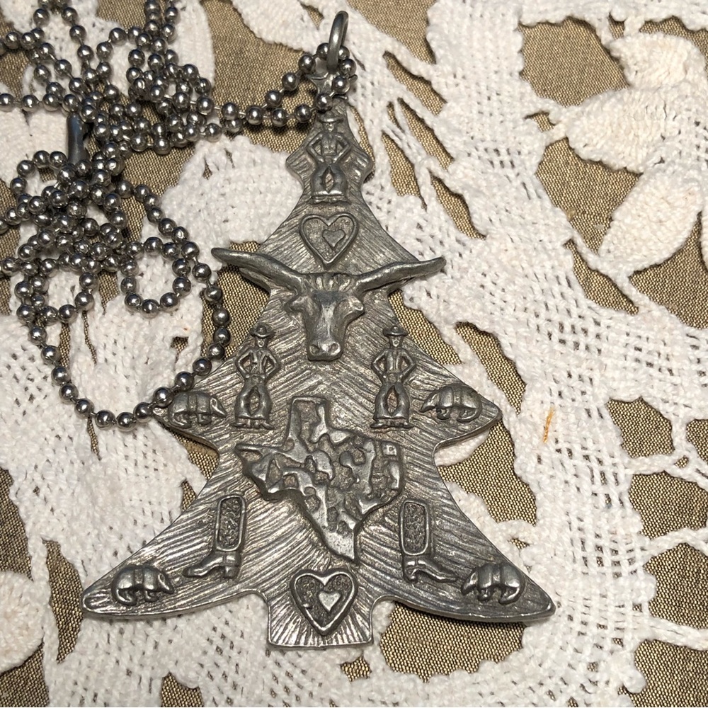 Vintage Texas Christmas Tree Ornament by Marcie USA Pewter Texas Theme decorated